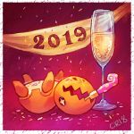 2019 alcohol banner border calonarang champagne champagne_flute commentary confetti creature cup drink drinking_glass english_commentary full_body gen_3_pokemon lying motion_lines mouth_hold new_year no_humans on_back party_horn pink_background pokemon pokemon_(creature) signature simple_background solo trapinch upside-down white_border 