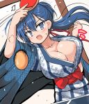  1girl :o alternate_costume areola_slip areolae blue_eyes blue_hair blue_kimono breasts cleavage commentary_request eyebrows_visible_through_hair holding_paddle japanese_clothes kimono large_breasts long_hair looking_at_viewer open_clothes open_shirt oshiro_project_re paddle solo sumoto_(oshiro_project) table_tennis table_tennis_paddle tsuzuri_(tuzuri) yukata 