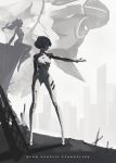  2girls ayanami_rei blue_hair building closed_mouth covered_navel english_text greyscale highres long_hair mecha monochrome multiple_girls neon_genesis_evangelion plugsuit red_eyes redooo short_hair silhouette sitting souryuu_asuka_langley spot_color standing turtleneck 