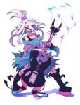  boots dress_shirt freckles guitar hair_ornament highres homika_(pokemon) instrument makeup mascara pokemon pokemon_(game) pokemon_bw2 shirt striped voodoodollmaster white_hair 