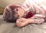 1girl bed_sheet bow bowtie brown_eyes brown_hair chikuwa_(odennabe) looking_at_viewer lying original red_neckwear school_uniform shirt short_hair smile solo upper_body white_shirt 