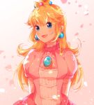  1girl :d arms_behind_back bangs blonde_hair blue_eyes dress elbow_gloves eyebrows_visible_through_hair gloves hair_between_eyes head_tilt indisk_irio long_hair mario_(series) open_mouth petals pink_dress princess_peach shiny shiny_hair short_sleeves smile solo standing super_mario_bros. very_long_hair white_background white_gloves 