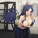  1girl :d absurdres animal_ears arknights bare_arms bare_shoulders bikini blue_bikini blue_hair blue_pants blush bottle breasts commentary cowboy_shot dobermann_(arknights) dog_ears drooling fangs hand_up highres holding holding_bottle index_finger_raised indoors large_breasts leaning_forward long_hair navel nose_blush open_mouth pants pouch pulled_by_self pumpkin_king red_eyes sake_bottle sidelocks smile solo standing stomach strap_pull swimsuit thick_eyebrows very_long_hair 
