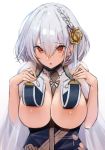  1girl azur_lane blush breasts cleavage eyebrows_visible_through_hair hair_between_eyes large_breasts lifted_by_self looking_at_viewer mappaninatta red_eyes short_hair simple_background sirius_(azur_lane) solo white_background white_hair 