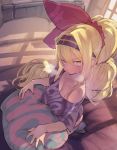  1girl bangs bed blonde_hair blush breasts breath cleavage closed_eyes clothes_writing hair_between_eyes hair_ornament hair_scrunchie highres hyocorou indoors kyouka_jinrui_amunero lactation lactation_through_clothes large_breasts long_hair off-shoulder_shirt off_shoulder original pillow ponytail purple_shirt scrunchie shirt sitting solo sweat yellow_eyes yes-no_pillow 