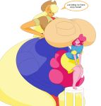  anthro applejack_(mlp) big_breasts boob_hat breasts dialogue equid equine female friendship_is_magic hi_res huge_breasts hyper hyper_breasts larger_female mammal my_little_pony pinkie_pie_(mlp) size_difference smaller_female thick_thighs two-ton-neko 