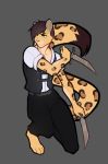  2020 anthro brown_hair clothed clothing digital_media_(artwork) felid grey_background hair holding_object holding_weapon leopard male mammal ni70 pantherine simple_background solo weapon 