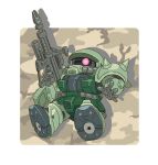  border brown_background chibi commentary_request gun gundam highres holding holding_gun holding_weapon mecha no_humans rifle solo weapon white_border yuuji_(and) zaku_ii 