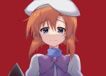  1girl bangs blue_eyes brown_hair closed_mouth eyebrows_visible_through_hair hair_between_eyes hat higurashi_no_naku_koro_ni looking_at_viewer portrait purple_neckwear red_background ryuuguu_rena shiny shiny_hair short_hair simple_background smile solo white_headwear yamai_fake 