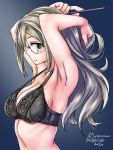  armpits black_background breasts brown_hair cleavage commentary_request from_side glasses green_eyes kantai_collection katori_(kantai_collection) large_breasts signature simple_background smile tatsumi_ray twitter_username tying_hair underwear underwear_only upper_body 
