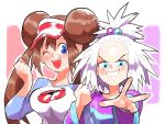  2girls double_bun freckles friends hair_bobbles hair_ornament homika_(pokemon) inkerton-kun mei_(pokemon) multiple_girls pokemon pokemon_(game) pokemon_bw2 smile striped white_hair 