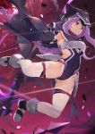  1girl absurdres black_cape black_gloves boots braid breasts cape covered_navel fate/grand_order fate_(series) gloves highres holding holding_weapon hood hood_up huge_filesize leotard long_hair medusa_(lancer)_(fate) nayuta_(una) purple_eyes purple_hair rider sidelocks single_braid small_breasts smile thighhighs very_long_hair weapon 
