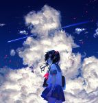  1girl bag black_hair cloud commentary contrast from_behind fuuna_(conclusion) glitch highres holding holding_bag long_hair looking_at_viewer looking_back miniskirt neckerchief original pink_neckwear pleated_skirt sailor_collar school_uniform serafuku shooting_star skirt sky solo star_(sky) starry_sky tagme twintails 