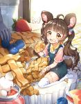  &gt;o&lt; 1girl ahoge animal_ear_fluff animal_ears apple_pie bangs blueberry brown_hair child commentary eating eyebrows_visible_through_hair food food_on_clothes food_on_face food_on_legs fork fruit full_body holding holding_food lerome light_brown_eyes long_hair looking_at_viewer minigirl mouse mouse_ears neckerchief open_mouth original overalls seiza short_sleeves sitting solo_focus strawberry tail thighhighs twintails twitter_username very_long_hair white_legwear wristband yellow_neckwear 