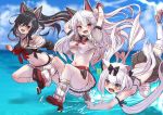  3girls animal_ears azur_lane bangs bare_shoulders black_bow black_hair blush bow braid breasts cat_ears cleavage collarbone commentary_request eyebrows_visible_through_hair fang fingerless_gloves gloves hair_bow hair_ornament hey_taishou highres long_hair looking_at_viewer medium_breasts multiple_girls nail_polish navel ocean open_mouth pleated_skirt ponytail red_eyes sailor_collar shigure_(azur_lane) silver_hair skirt smile tail thick_eyebrows thighhighs tripping twintails underboob white_legwear wolf_ears wolf_tail yukikaze_(azur_lane) yuudachi_(azur_lane) 