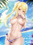  1girl absurdres akais bikini_pull blonde_hair blue_nails blush breasts brown_eyes collarbone commentary day fairy_tail hair_ornament hairclip highres large_breasts long_hair looking_at_viewer lucy_heartfilia navel nipples o-ring outdoors ponytail purple_bikini_bottom smile solo water 