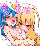  2girls animal_ears blonde_hair blue_hair blush breast_grab breast_sucking breasts bunny_ears closed_eyes commentary_request ear_clip grabbing hand_on_another&#039;s_shoulder hug inon lying moaning multiple_girls nipple_tweak nude on_back open_mouth red_eyes ringo_(touhou) saliva seiran_(touhou) shirt short_hair small_breasts touhou trembling upper_body yellow_shirt yuri 
