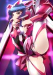  1000 1girl armpits black_hair blush breasts cameltoe elbow_gloves gloves groin highres leg_up leotard looking_at_viewer orange_eyes parted_lips senki_zesshou_symphogear shiny shiny_clothes shiny_hair small_breasts solo spread_legs thighhighs tsukuyomi_shirabe white_legwear 