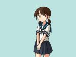  1girl adrian_ferrer bangs blue_background blue_neckwear blue_sailor_collar blue_skirt brown_eyes brown_hair collared_shirt commentary english_commentary kantai_collection low_twintails neckerchief parted_bangs pleated_skirt sailor_collar school_uniform serafuku shirayuki_(kantai_collection) shirt short_hair short_twintails simple_background skirt smile solo twintails 