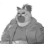  1:1 2020 anthro canid canine canis clothing cute_fangs domestic_dog hi_res jjemmin male mammal overweight overweight_male scar shirt simple_background solo tokyo_afterschool_summoners topwear video_games white_background yasuyori 
