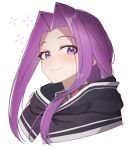  1girl bangs blush closed_mouth collar commentary_request fate/grand_order fate_(series) forehead highres hood hood_down looking_at_viewer medusa_(lancer)_(fate) parted_bangs portrait purple_eyes purple_hair red_collar rider sidelocks simple_background smile solo tapioka_(oekakitapioka) white_background 
