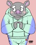  2020 agiran anthro blush bottomwear clothing domestic_pig hoodie kemono male mammal pants simple_background solo suid suina sus_(pig) topwear 