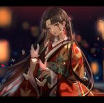  1girl absurdres blurry blurry_background brown_hair bug butterfly character_request floating_hair hair_intakes highres insect japanese_clothes kimono long_hair long_sleeves looking_at_viewer mole mole_under_eye parted_lips red_eyes red_kimono shiny shiny_hair solo standing tomato_omurice_melon very_long_hair 