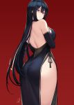  1girl :o ass bangs bare_hips bare_shoulders black_dress black_gloves black_hair black_ribbon breasts dress elbow_gloves from_behind gloves hayabusa highres long_hair looking_at_viewer looking_back medium_breasts mole mole_under_eye mole_under_mouth original parted_lips pelvic_curtain purple_eyes red_background ribbon shaded_face signature simple_background solo thighs very_long_hair 