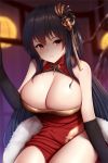  1girl ahoge azur_lane bangs bare_shoulders black_hair breasts bridal_gauntlets china_dress chinese_clothes cleavage cleavage_cutout dress feather_boa hair_between_eyes hair_ornament head_tilt highres large_breasts long_hair looking_at_viewer parted_lips red_dress red_eyes signature sitting sleeveless sleeveless_dress smile solo taihou_(azur_lane) taihou_(phoenix&#039;s_spring_song)_(azur_lane) thighs very_long_hair wsman 