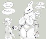  2019 absurd_res age_difference anthro big_breasts breasts canid curvaceous curvy_figure dialogue digimon digimon_(species) digiphilia duo english_text featureless_crotch female hi_res human interspecies larger_female male mammal monochrome nipples older_female renamon size_difference slightly_chubby smaller_male sqoon text thick_thighs video_games voluptuous young younger_male 
