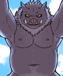 2015 agiran anthro belly bodily_fluids hi_res kemono male mammal moobs navel nipples outside overweight overweight_male solo suid suina sus_(pig) sweat wild_boar 
