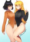  2girls absurdres ahoge animal_ears black_hair black_leotard blake_belladonna blonde_hair blush breasts cat_ears grin highleg highres large_breasts leotard long_sleeves looking_at_viewer multiple_girls nas_(z666ful) orange_leotard prosthesis prosthetic_arm purple_eyes ribbed_leotard rwby short_hair smile turtleneck_leotard wavy_hair yang_xiao_long yellow_eyes 