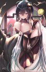  1girl :q absurdres ahoge azur_lane bangs bare_shoulders black_hair black_legwear blush breasts bridal_gauntlets bursting_breasts china_dress chinese_clothes cleavage cleavage_cutout crossed_bangs dress dress_tug feather_boa hair_between_eyes hair_ornament highres large_breasts leaning_forward long_hair looking_at_viewer red_dress red_eyes skindentation solo standing taihou_(azur_lane) taihou_(phoenix&#039;s_spring_song)_(azur_lane) thighhighs thighs tongue tongue_out very_long_hair wazdori 
