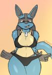  2020 absurd_res anthro blue_body blue_fur breasts canid canine clothed clothing female fur hi_res looking_at_viewer lucario mammal multicolored_body nintendo pok&eacute;mon pok&eacute;mon_(species) simple_background solo undressing video_games winter_(artist) 