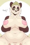  anthro bandanna big_breasts breasts dialogue female genitals giant_panda hi_res looking_at_viewer mammal navel nude pussy simple_background slightly_chubby slightlysimian solo ursid white_background 