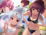  5girls angel_beats! bangs bent_over bikini black_bikini black_hairband black_school_swimsuit blonde_hair bottle bow breasts brown_eyes brown_hair cleavage collarbone floating_hair green_bow green_eyes groin hair_bow hairband hands_on_hips high_ponytail holding holding_bottle holding_towel hood hood_down hooded_jacket iwasawa jacket long_hair looking_at_viewer medium_breasts microphone multiple_girls navel open_clothes open_jacket open_mouth parasol pink_hair red_eyes school_swimsuit silver_hair small_breasts swimsuit tagame_(tagamecat) tenshi_(angel_beats!) towel two_side_up umbrella very_long_hair white_bikini_top white_jacket yui_(angel_beats!) yuri_(angel_beats!) yusa_(angel_beats!) zipper 