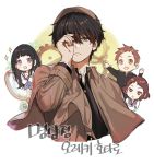  2boys 2girls bangs black_hair blush brown_eyes brown_hair chitanda_eru commentary_request cosplay fukube_satoshi green_eyes hyouka ibara_mayaka long_hair looking_at_viewer male_focus mery_(apfl0515) multiple_boys multiple_girls open_mouth oreki_houtarou purple_eyes red_eyes school_uniform serafuku sherlock_holmes sherlock_holmes_(cosplay) short_hair smile 