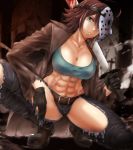  1girl abs ahoge bangs belt belt_buckle bishoujo_terror black_gloves blood bloody_weapon blue_eyes boots breasts brown_belt brown_footwear brown_hair brown_jacket buckle cleavage collarbone commentary_request cropped_shirt denim eyebrows_visible_through_hair friday_the_13th full_body genderswap genderswap_(mtf) gloves green_shirt highres hockey_mask jacket jason_voorhees jeans large_breasts leather leather_jacket looking_at_viewer machete mask mask_on_head midriff navel open_clothes open_jacket over_shoulder pants parted_lips scar shirt short_hair sidelocks solo squatting thigh_cutout torn_clothes torn_jeans torn_pants watarui weapon weapon_over_shoulder 