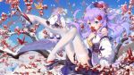  1girl azur_lane bare_shoulders blue_eyes blue_hair breasts cloud cloudy_sky commentary_request detached_sleeves eyebrows_visible_through_hair floating_hair flower flower_request garter_belt geta gradient_hair hair_between_eyes hair_flower hair_ornament haneru highres holding holding_flower in_tree japanese_clothes kimono legs_up looking_at_viewer medium_hair multicolored_hair origami paper_crane purple_hair purple_skirt sitting sitting_in_tree skirt sky sleeveless sleeveless_kimono small_breasts snow solo thighhighs tree unicorn unicorn_(azur_lane) unicorn_(prayer_of_plum_and_snow)_(azur_lane) white_kimono white_legwear white_sleeves 