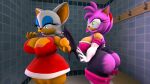  16:9 alternate_costume amy_rose areola areola_slip armwear big_breasts big_butt boots breasts butt cleavage clothed clothing clothing_swap dress elbow_gloves eyelashes fangs footwear gloves green_eyes handwear hi_res inside legwear lipstick makeup mascara rouge_the_bat sonic_the_hedgehog(series) sonic_the_hedgehog_(series) surprise thigh_boots thigh_highs wardrobe_malfunction 