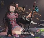  1girl artist_name bamboo bangs bit_gag black_hair brown_hair bug butterfly collarbone commentary dated forehead gag gompang gradient_hair hair_ribbon highres insect japanese_clothes kamado_nezuko katana kimetsu_no_yaiba kimono kneeling long_hair long_sleeves mouth_hold multicolored_hair obi pink_eyes pink_kimono pink_ribbon ribbon sash solo sword two-tone_hair very_long_hair water_surface weapon 