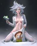  1boy 1girl blondynkitezgraja breasts brown_hair colored_pencil_(medium) full_body genderswap genderswap_(mtf) green_eyes highres holding labcoat looking_at_viewer medium_breasts morty_smith pillow rick_and_morty rick_sanchez short_hair signature spiked_hair thighhighs tongue tongue_out traditional_media watermark web_address white_hair white_legwear 