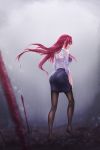  1girl black_legwear blue_bra blue_skirt blurry_foreground bra earrings fate/grand_order fate_(series) floating_hair hair_intakes highres jewelry long_hair long_sleeves looking_at_viewer looking_back miniskirt outdoors pantyhose pencil_skirt rain red_eyes red_hair scathach_(fate)_(all) scathach_(fate/grand_order) see-through shiny shiny_hair shirt side_slit skirt skyde_kei solo standing underwear very_long_hair wet wet_clothes wet_shirt wet_skirt white_shirt 