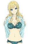  1girl bikini blonde_hair blue_eyes breasts cleavage collarbone duffy floral_print highres idolmaster idolmaster_cinderella_girls jacket large_breasts long_hair nail_polish navel ootsuki_yui open_clothes open_jacket simple_background smile solo swimsuit 