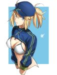  1girl artoria_pendragon_(all) bangs baseball_cap blonde_hair blue_background blue_eyes blue_headwear closed_mouth cropped_torso fate/grand_order fate_(series) hair_between_eyes hat highres long_hair long_sleeves looking_at_viewer mysterious_heroine_xx_(foreigner) ponytail sen_(77nuvola) shrug_(clothing) solo white_background white_bikini_top 