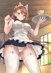  1girl absurdres alternate_costume animal_ears apron asymmetrical_bangs bangs bare_shoulders beatrix_(granblue_fantasy) black_skirt blush breasts brown_eyes brown_hair cat_ears center_frills choker enmaided garter_straps granblue_fantasy highres large_breasts long_hair looking_at_viewer maid maid_headdress panties parfait parted_lips ponytail renzu_(lens_02) skirt solo swept_bangs thighhighs thighs tray underwear upskirt waist_apron white_apron white_legwear white_panties window 