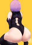  1girl arched_back ass back_cutout bare_shoulders black_gloves black_legwear black_leotard breasts elbow_gloves erimiko facing_away fate/grand_order fate_(series) from_behind gloves highres lavender_hair leotard mash_kyrielight no_shoes short_hair simple_background solo squatting steaming_body sweat thighhighs thighs 
