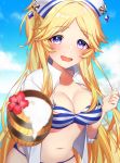  1girl :d absurdres ayase_yukari bangs beer_mug bikini blonde_hair blue_sky blush breasts cleavage cloud commentary_request cup day drooling eyebrows_visible_through_hair flower hands_up highres holding holding_cup horizon ken_pyatsu long_hair looking_at_viewer medium_breasts mouth_drool navel ocean open_clothes open_mouth open_shirt outdoors parted_bangs pointy_ears princess_connect! princess_connect!_re:dive purple_eyes red_flower shirt short_sleeves sky smile solo striped striped_bikini swimsuit very_long_hair water white_headwear white_shirt 