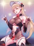  1girl bangs black_footwear blonde_hair blush boots breasts cleavage closed_eyes earrings elbow_gloves eyebrows_visible_through_hair fingerless_gloves girls_frontline gloves hair_ornament hairclip high_collar jewelry large_breasts long_hair navel navel_cutout open_mouth ppk_(girls_frontline) race_queen rebe11 ribbon see-through shiny shiny_clothes shiny_skin sidelocks skindentation solo spotlight sweat sweatdrop thick_thighs thigh_boots thighhighs thighs very_long_hair visor_cap white_legwear 