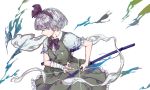  1girl bandaged_arm bandages black_hairband black_neckwear black_ribbon commentary_request cowboy_shot frills from_side glint green_skirt green_vest hair_ribbon hairband katana konpaku_youmu konpaku_youmu_(ghost) ready_to_draw ribbon shirt short_hair short_sleeves silver_hair skirt smile soku_(bluerule-graypray) sword touhou vest weapon white_background white_shirt 